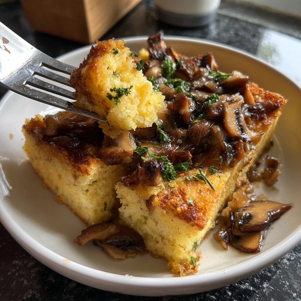 Gebratene Polenta-Würfel mit Pilzragout