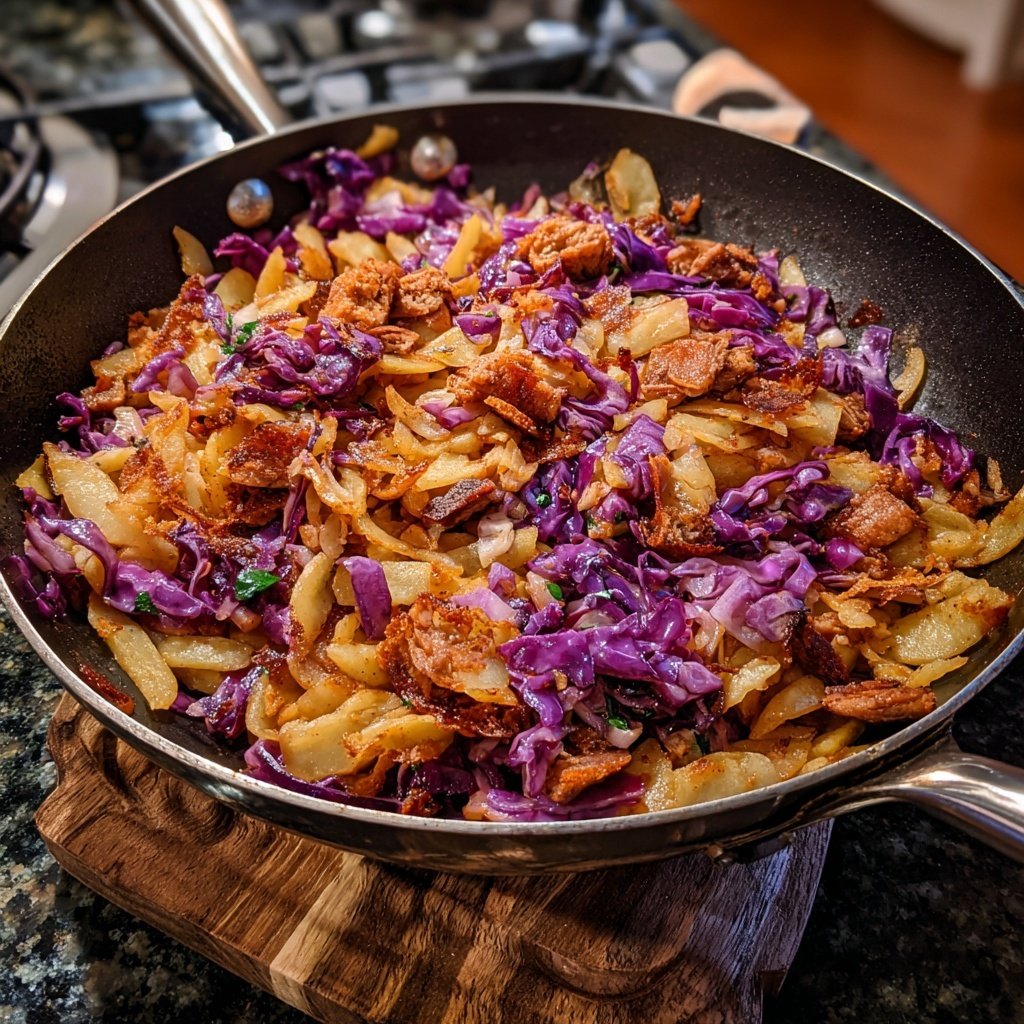 Winter-Schupfnudelpfanne mit Rotkohl und Mock Duck