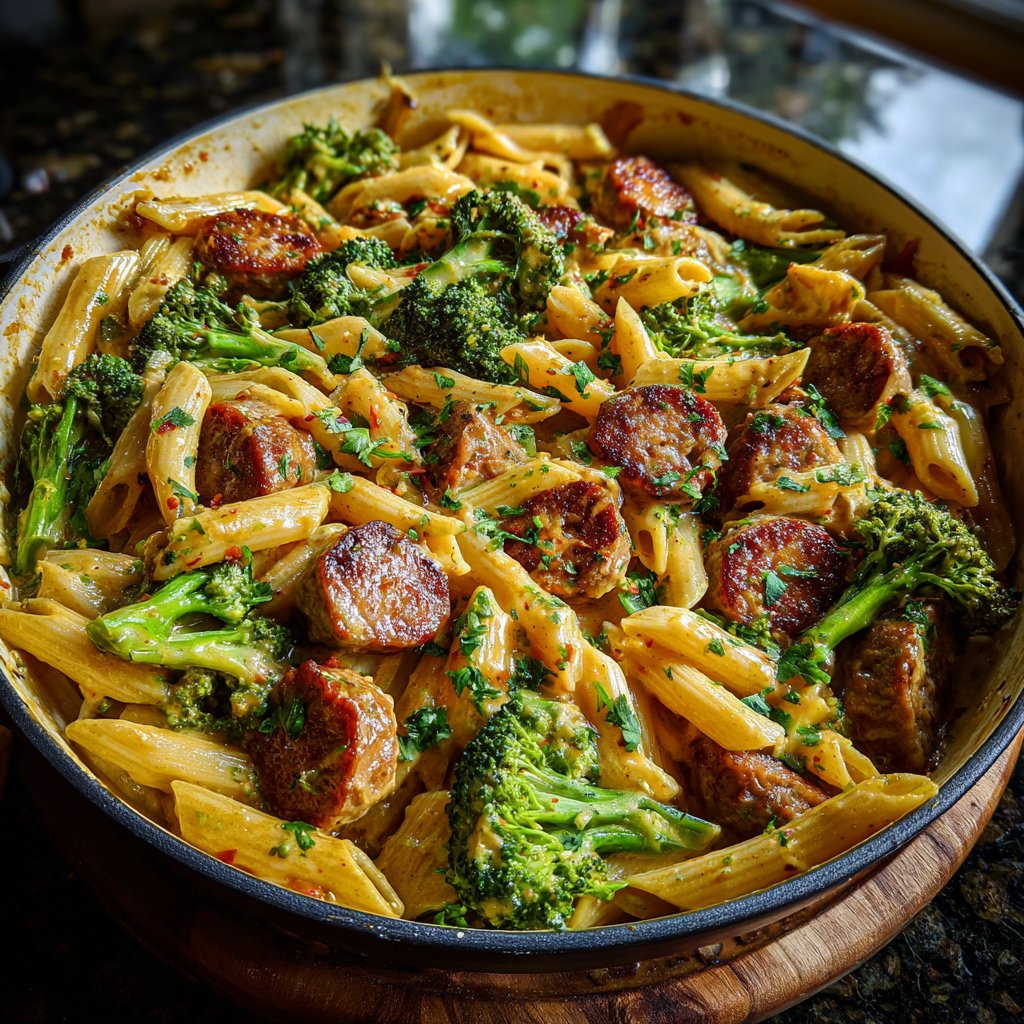 One Pot Creamy Cajun Sausage Pasta mit Brokkoli
