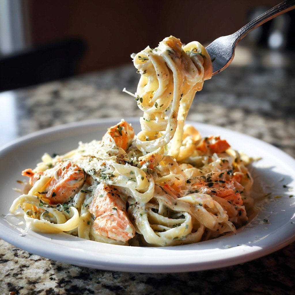 Knoblauchbutter Lachs Fettuccine
