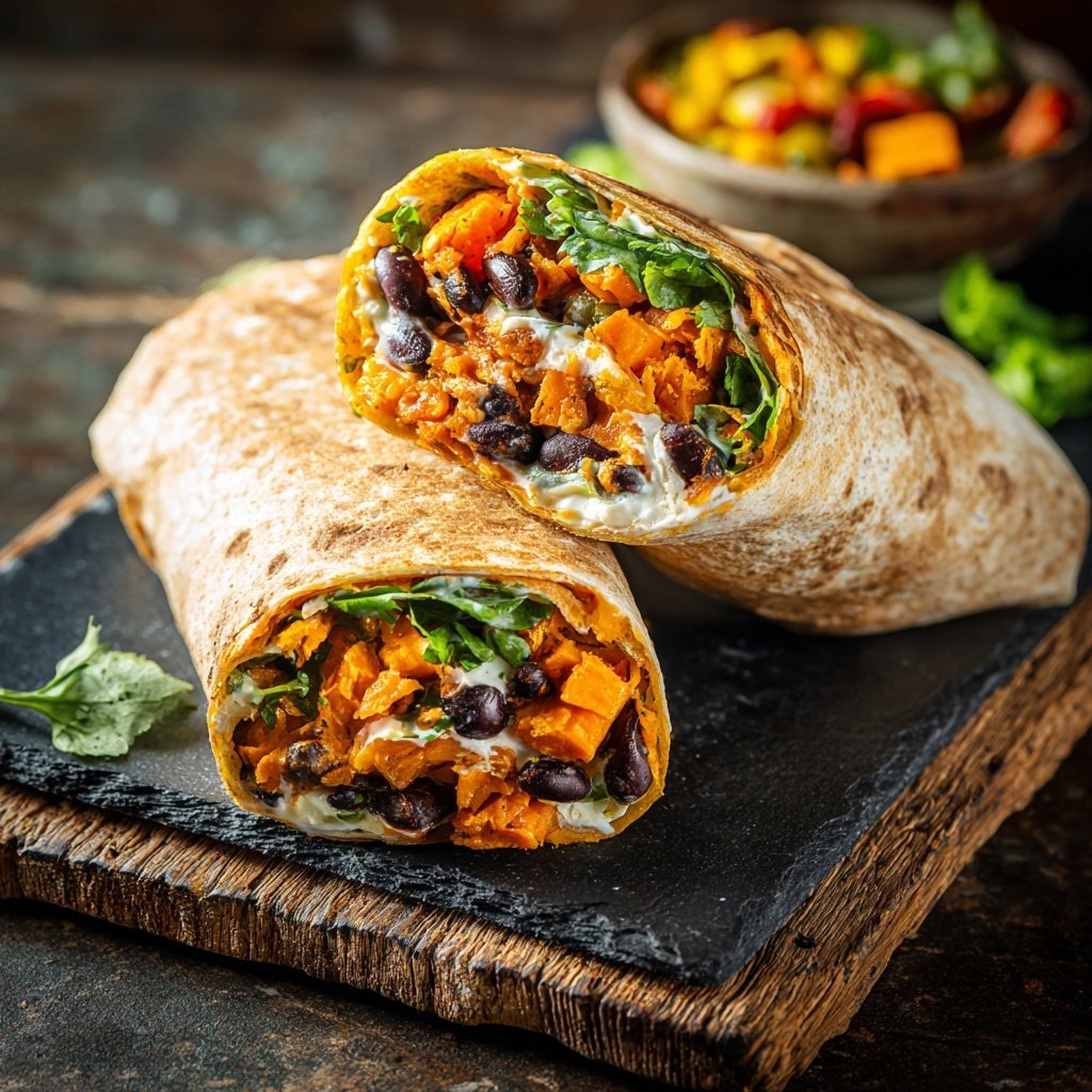 Süßkartoffel Schwarze Bohnen Burritos