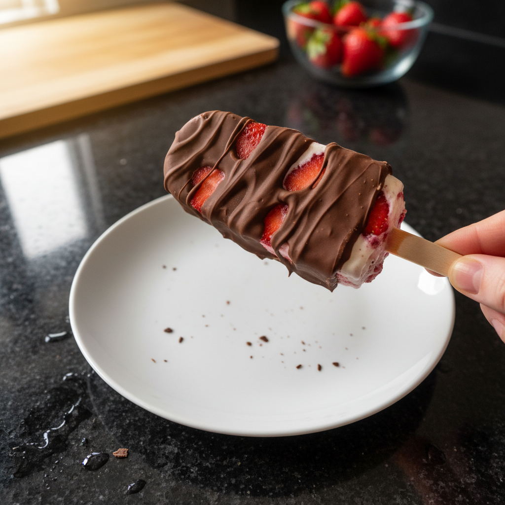 Schokoladenüberzogene Erdbeer Eis am Stiel