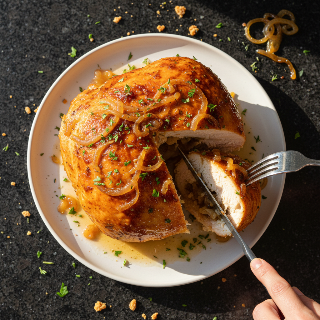 Herzhaft Gefülltes Hähnchen mit Karamellisierten Zwiebeln